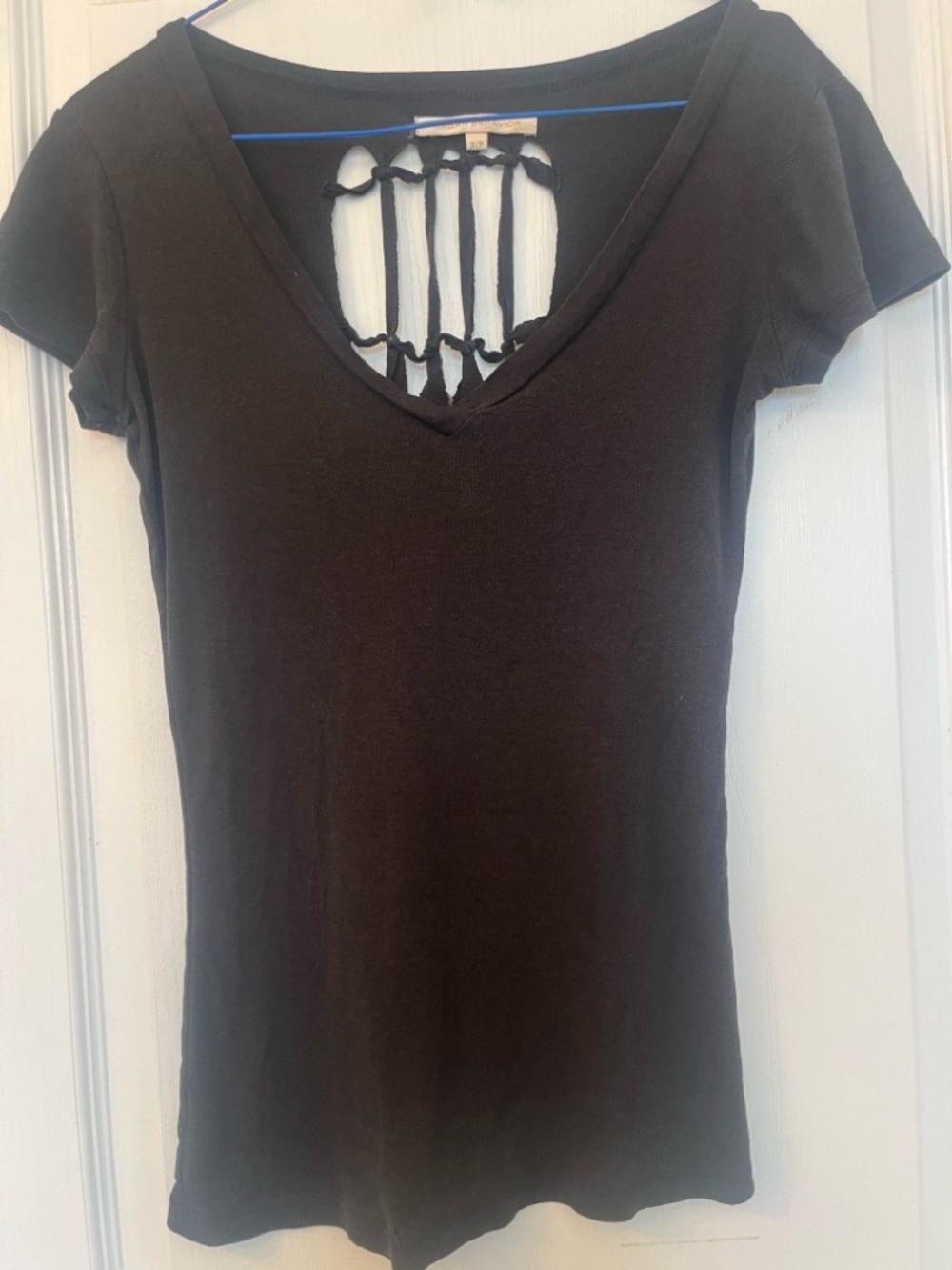 Urban Behavior Black Short Sleeve V-Neck Top with Ladder Back